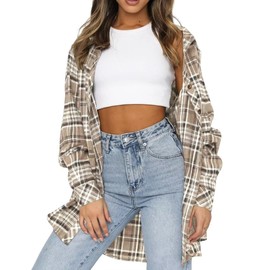 LEEDYA Womens Oversized Flannel Shirts Casual Buffalo Plaid Blouse Button Down Basic Cardigans Top Apricot S