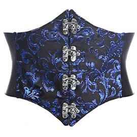Lavish Black/Blue Swirl Brocade Corset Belt Cincher w/Clasps (Large)
