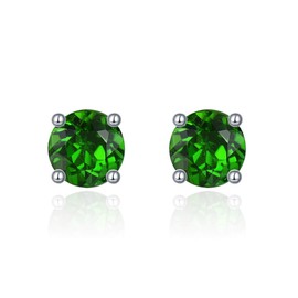 ZhenCai Small Stud Earrings for Women S925 Sterling Silver Round Cut 4x4mm Natural Gemstone Birthstone Studs Rhodium Plated Simple Classic Style Fine Jewelry for Birthday (Natural Chrome Diopside)