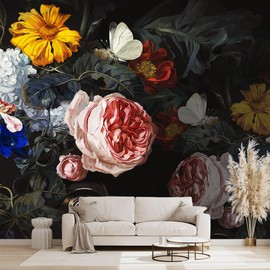 WXHFM - Vintage Black Flowers Mural Bedroom Peony Floral Wallpaper Room Decor Living Room tv Background Large Wall Mural - 160"x108" (Not Peel and Stick)