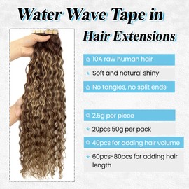 24 Inch Tape in Hair Extensions Human Hair Water Wave Ombre Brown to Strawberry Blonde Highlights Real Human Hair Loose Curly Glue in Extensions Tape ins for Black Women Girls 50G 20PCS