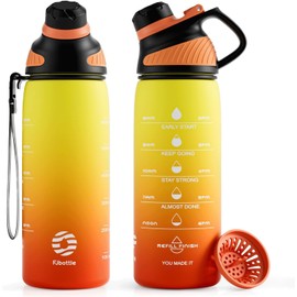 Fjbottle Water Bottle 1L/710 ml + Strainer - Sports Water Bottle with Time Marking / Magnetic Lid - BPA-Free Plastic Bottle for Fitness, School, Yoga, Outdoor