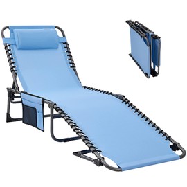 #WEJOY Folding Outdoor Chaise Lounge Chair, Adjustable Lightweight Portable Beach Lounge Chair for Patio, Pool, Lawn, Deck, Sunbathing, Camping Reclinging Chair with Pillow and Side Pocket, Lightblue