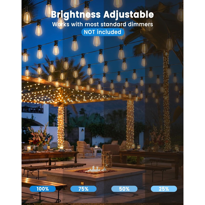 TONGZESS 60FT(50+10) String Lights Outdoor, 2FT Bulb Spacing, Waterproof Shatterproof