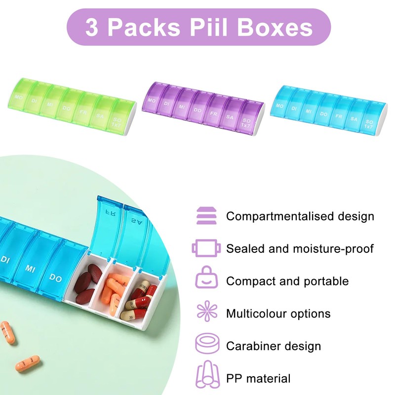 ZMDMAH Tablettenbox 7 Tage, 3 Stück,Wiederverwendbar Pillendose,Klein Pillenbox Fächer, 7