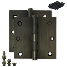 Finsbury Hardware Heavy Duty Door Hinge Matte Brass Ball Bearing 3.5 x 3.5 Inch Heavy Duty with Decorative Screw-on Tips Included - Set of 2 Solid Brass Hinges (Satin Brass)