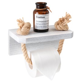 Perfeso.L Farmhouse Toilet Paper Holder - Beach Toilet Paper Roll Holder Nautical Rope Starfish Towel Rack with White Shelf, Wall Mounted Rustic Morden Bathroom Decor Wood Tissue Towel Holder