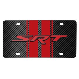 iPick Image for Dodge SRT 3D Logo in Red on Red Stripe Black Carbon Fiber Look Stainless Steel License Plate for Decorative