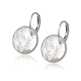 XUPING Round Crystal Leverback Earrings Sparkling Elegant Birthstone Dangle Earrings 18K Platinum Plated Delicate Jewelry Gifts for Women Girls Party （SILVER WHITE）