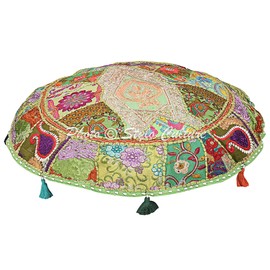 Stylo Culture Indian Floor Pillow Cushion Cover Vintage Patchwork Boho Seating Parrot Green Large 32x32 Decorative Bohemian Round Hassock Pouffe Cover Footstool Cotton Embroidered 1 Pc