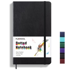 FLEEKOOL Bullet Dotted Journal Notebook, Leather Dotted Notebook with 100gsm Thick Dotted Paper, 5 inches x 8.25 inches, Hardcover, Inner Pocket-Black