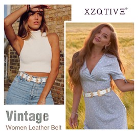 XZQTIVE Women Leather Belt Ladies Vintage Western Belt Retro Cowgirl Leather Belt Black Waist Belt for Pants Jeans Dresses, G-white(rhinestone Gold Buckle), Suit for waist size 37-42"
