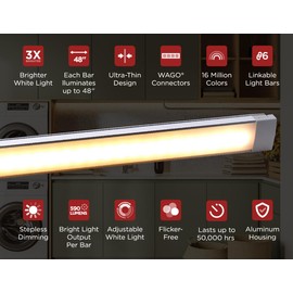 BLACK+DECKER PureOptics Professional Push Wire Under Cabinet Light Bar, Add-on, Plug-in or Hardwire Compatible, Adjustable White and RGB LED, for Utility Light, Closets, Garage, Pantry, (1) 24" Bar