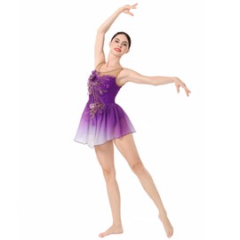 AFAVOM Figure Skating Dress for Women Girls Sequin Flower Mesh Ice Skating Dress Ballet Dance Leotard Gradient Chiffon Skirt Lyrical Dancewear for Competition Stage Performance Costume Purple M