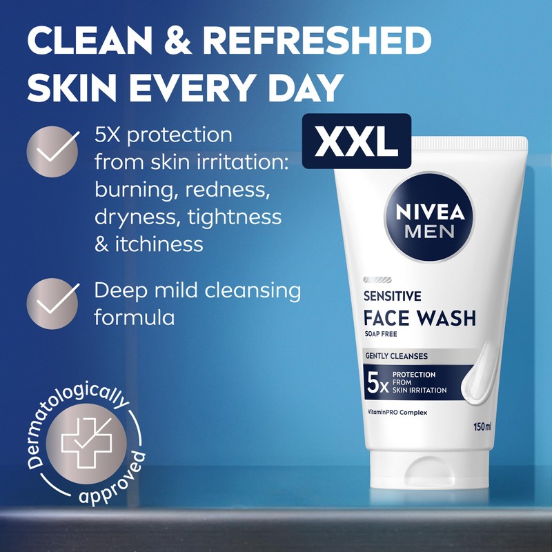 NIVEA MEN Sensitive Face Wash XXL (150ml), Soap-Free Face Wash