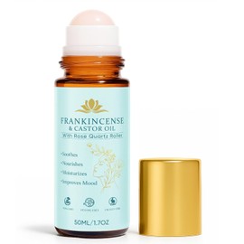 Frankincense and Castor Oil, Organic Castor Oil Roll On with Rose Quartz Roller, 100% Pure, Organic, Cold-Pressed, Firms Skin, Reduces Fine Lines, Suitable for Face, Neck, Abdomen(50ML/1.7OZ)
