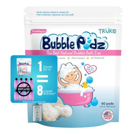 TruKid Bubble Podz Bubble Bath for Baby & Kids, Gentle Refreshing Bath Bomb for Sensitive Skin, pH Balance 7 for Eye Sensitivity, Natural Moisturizers and Ingredients, Bubble Gum (60 Podz)