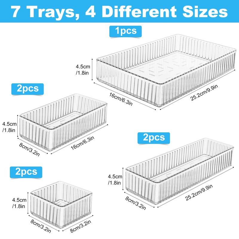 YTOPRO 7 PCS Clear Drawer Organizers Bins, 4-Size Stackable Makeup