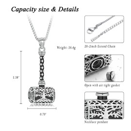 XSMZB Viking Thor Hammer Cremation Jewelry for Ashes Tree of Life Hammer Keepsake Ashes Necklace for Human Pet Funeral Memorial Pendant(Silver+Black)