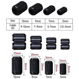 (Pack of 40pcs) Clip-on Ferrite Ring Core RFI EMI Noise Suppressor Cable Clip for 5mm/ 7mm/ 9mm/ 13mm Diameter Cable, Black