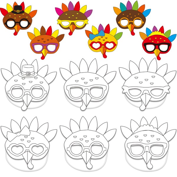 36 Pcs Thanksgiving Color Your Own Turkey Masks Craft Kits