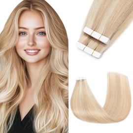 Benehair Tape-In Real Hair Extensions, Invisible Tape Extensions, Real Hair, 45 cm, Remy Natural Tapes, 10 Pieces, 15 g, Camel Mixed Light Gold #18P613