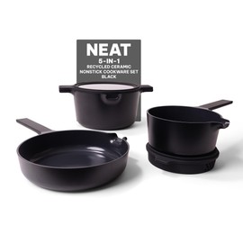 Alva Neat 5 in 1 Black Ceramic Nonstick Cookware Set All in One Space Saving Non Toxic Cookware PFAS, PFOA & PFTE Free, Frying Pan, Sauce Pan, Dutch Oven & Coaster, Pots and Pans Set for Cooking