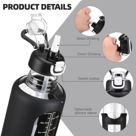 chunmo - Pernos de agua de vidrio de 64 onzas con pajita, botella de agua motivacional grande de medio galón con marcador de tiempo, botellas de agua deportivas con funda de silicona y tapa de asa