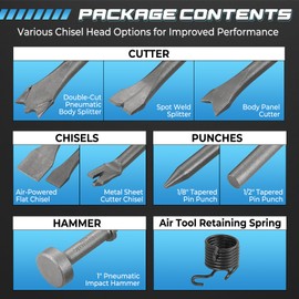 NATGAI 10PCS Air Hammer Chisel Set, Heavy Duty Pneumatic Chisels with 0.401" Shank, Carbon Steel Air Hammer Bits for Tile, Masonry, Concrete, Brick, Rust Removal, Rivet & Automotive Work, with Spring