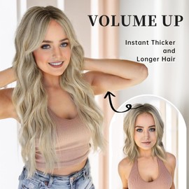 KooKaStyle Invisible Wire Hair Extensions with Transparent Headband Adjustable Size 4 Secure Clips Long Wavy Secret Wire Hairpiece 24 Inch for Women (Ash Brown mix Platinum Blonde)