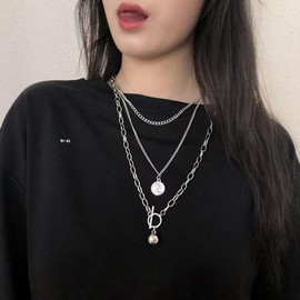Necklace Layering Chain Choker Necklace Boho Jewelry Set Layered Silver Coin Pendant Chunky Chain Necklace Valentine's Day Giftfor Women Man, No Gemstone