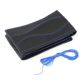 Steering Wheel Cover, 38 cm/15 Inch Leather Steering Wheel Cover Set, Hand-Stitched, Embossed Pattern with Needle and Thread, Universal Car Accessories (Blue Black)