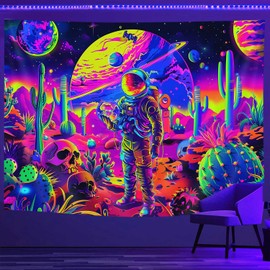 Blacklight Funny Astronaut Space Tapestry for Men, Trippy Mountains Planet Galaxy Desert Cactus UV Reactive Tapestries, Cool Neon Skull Aesthetic Glow In The Dark Tapestry Wall Hanging, 60X40IN