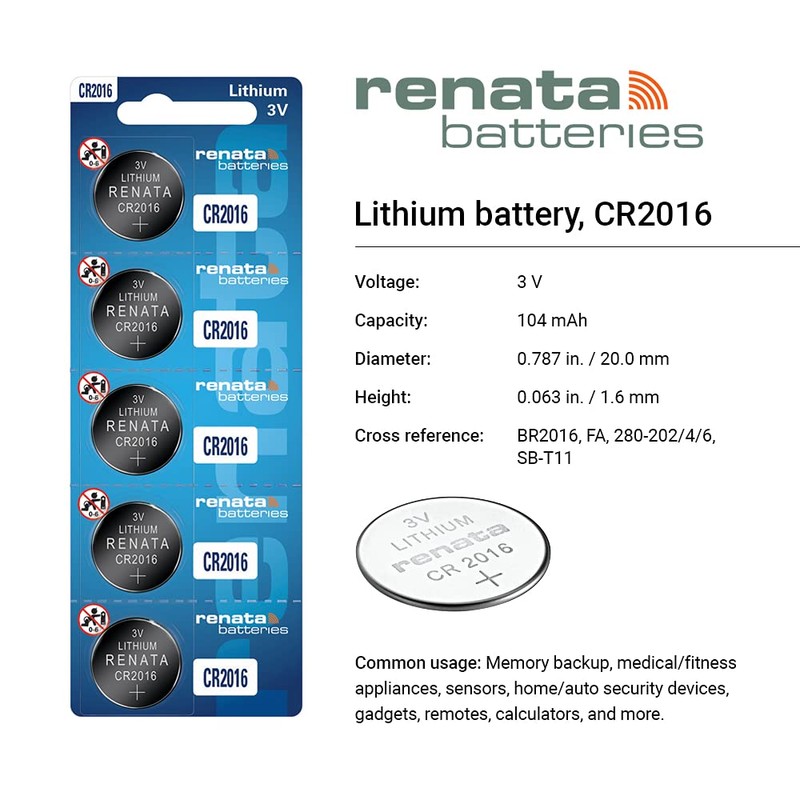 Renata CR2016 Batteries - 3V Lithium Coin Cell 2016 Battery