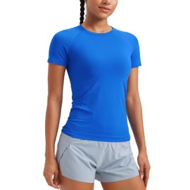 CRZ YOGA Seamless Workout Tops for Women Short Sleeve Athletic Tees Breathable Gym Running Yoga Shirts Sparkle Blue Large
