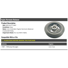 Engine Harmonic Balancer Crankshaft Pulley - Compatible with 1987-1990 Jeep Wrangler 4.2L 6-Cylinder (with V-Belts)