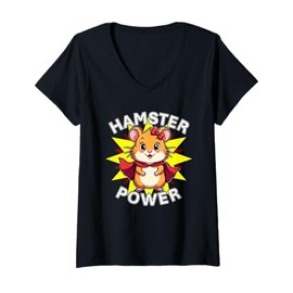Womens Cute Hamster Power Girl Furry Friend Superhero Star V-Neck T-Shirt