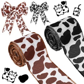 2 Rolls Cow Print Ribbon Cow Ribbon Cow Print Wrapping Paper Ribbon Black White Brown Cow Spot Ribbon Animal Print Wired Ribbon for Cow Theme Party Wreath Bow DIY Craft, 2.5" X 10 Yard