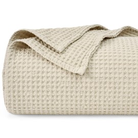 PHF 100% Cotton Waffle Weave Blanket Queen Size 90"x90" - Lightweight Cozy Washed Soft Breathable Throw Blanket - Great Blanket Layer for Couch Bed Sofa - Elegant Aesthetic Home Decoration-Linen