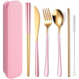 Juego de Cubiertos de Acero Inoxidable de 7 Piezas en 1, Juego de Cubiertos Dorados, Set de Cubiertos Portatiles con Cuchillo, Cuchara, Tenedor, Palil
