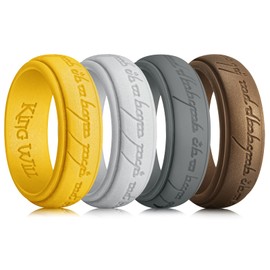 King Will Silicone Wedding Band for Men-8mm with Unique Pattern Design in Gold Grey Silver Bronze 4 Pack, Breathable Rubber Wedding Ring Comfort Fit Size 10