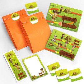 JuNa-Experten 12 Invitation Cards for Children's Birthday Party Jumge Girls Adventure Party / Treasure Hunt / Outdoor Includes 12 Envelopes, 12 Bags/Orange, 12 Stickers, 12 Bookmarks, 12 Pads