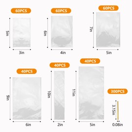NEOACT 300 PCS Clear Flat Cellophane Treat Bags with 3x5,4x6,5x7,6x9,2x10,5x11,Treat Bags with Ties are Good for Pretzel Rods,Bakery, Cookies, Candies,Dessert.