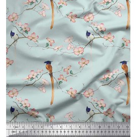 Soimoi Cotton Canvas Fabric Leaves,Floral & Paradise Flycatcher Bird Decor Fabric Printed metre 56 Inch Wide
