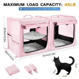 Suertree Cat Carrier for 2 Cats, Pet Travel Carrier with Litter Box for Cats and Small Dogs Up to 45 Lbs, Bowls, and Locking Zippers, Pink