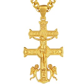 INFUSEU Caravaca Cross Necklace, 925 Sterling Silver Golden Pagan Medal Patron Pendant Christian Faith Religious Spanish Protection Divine Protection Jewelry Amulet Gifts for Men Women
