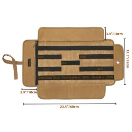 Tool Roll Up Bag, Heavy Duty 16OZ Waxed Canvas Tool Bag, Multi-Purpose Wrench Tool Pouch with Elastic Band,1 Zipper Compartments Bag (Khaki)