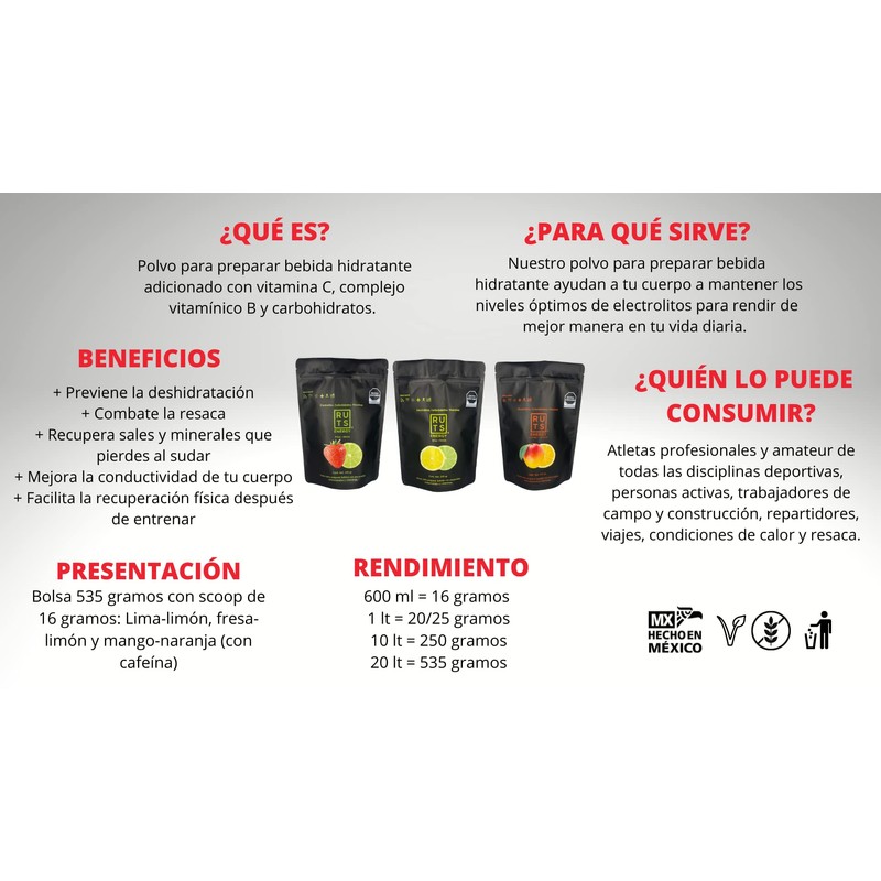 RUTS Energy ELECTROLITOS EN POLVO FRESA-LIMÓN (535 GRAMOS)