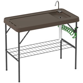 Outsunny Folding Fish Cleaning Table with Sink, Portable Camping Sink Station with Faucet, Drainage Hose, Sprayer and Grid Rack, Outdoor Fillet Table for Picnic Beach Patio, Tan