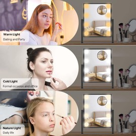 Erlingeryi Hollywood Vanity Mirror with Lights 8 Dimmable Bulbs, 3 Color Light, Touch Control, LED Lighted Makeup Mirrors for Dorm, Detachable 10X Magnification Mirror Black